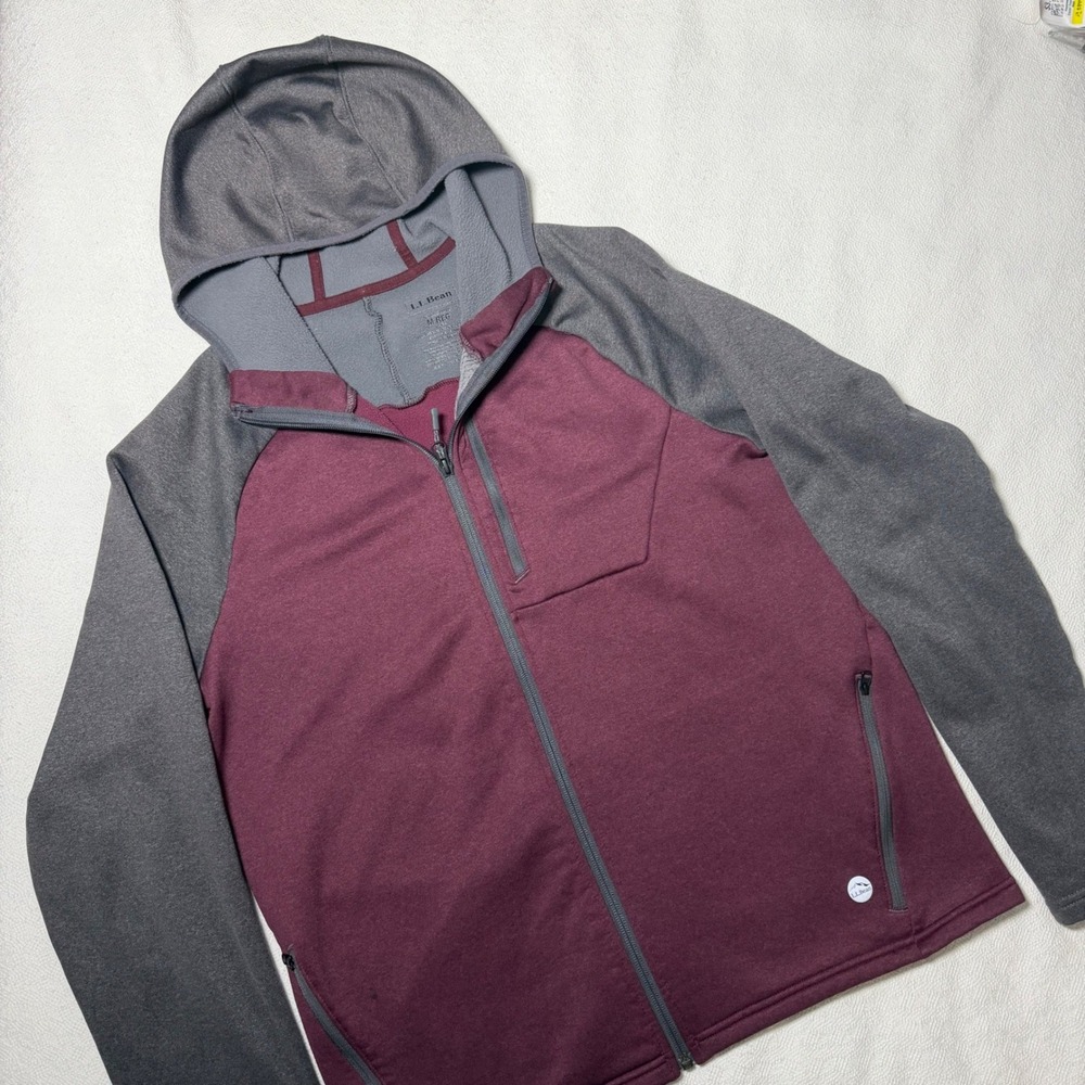 LL Bean Mens Performance Full Zip Hoodie Burgundy Grey Jacket M Reg